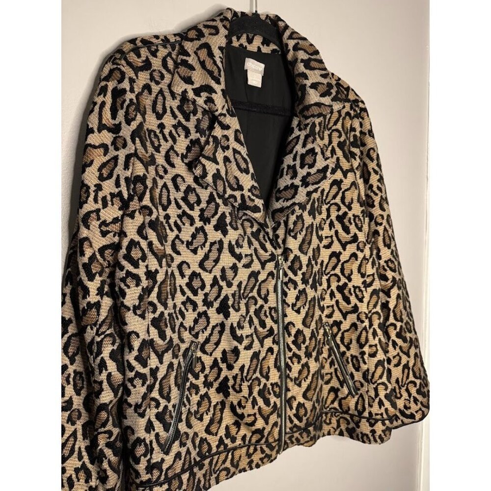Chico's Women Jacket Size 2, US 12, L, Leopard Moto Jacquard Animal Print Edgy - Picture 2 of 9